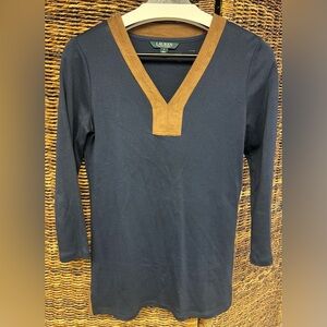 Lauren, Ralph Lauren, Blue/Brown V-Neck Top,‎ Size: Small, Pre-Owned